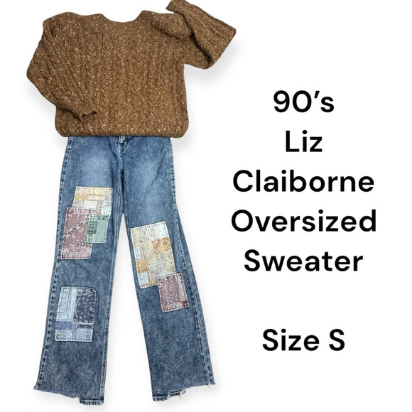 Vintage 80’s-90’s brown cable knit oversized sweater with shoulder pads size S - Picture 1 of 9